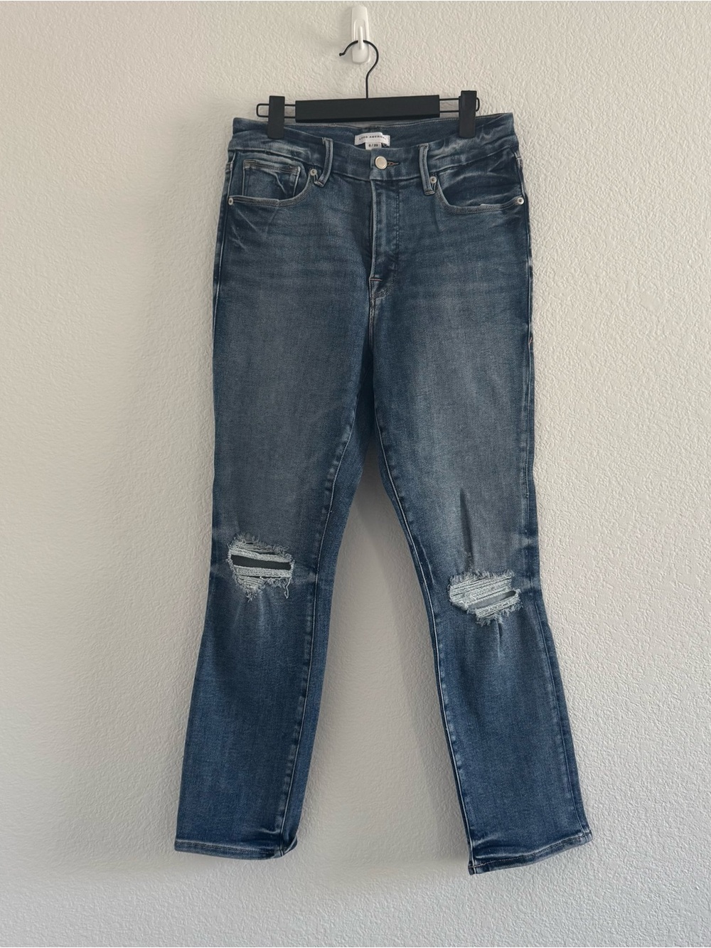 Good American Distressed Mid Blue Straight Leg Jeans